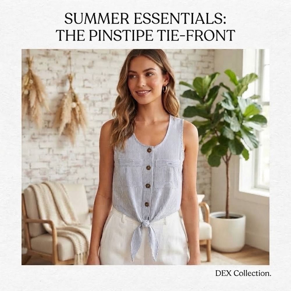 Dex Women M Pinstripe Top Tie Front Sleeveless Button Up Minimalist Chic Tencel
